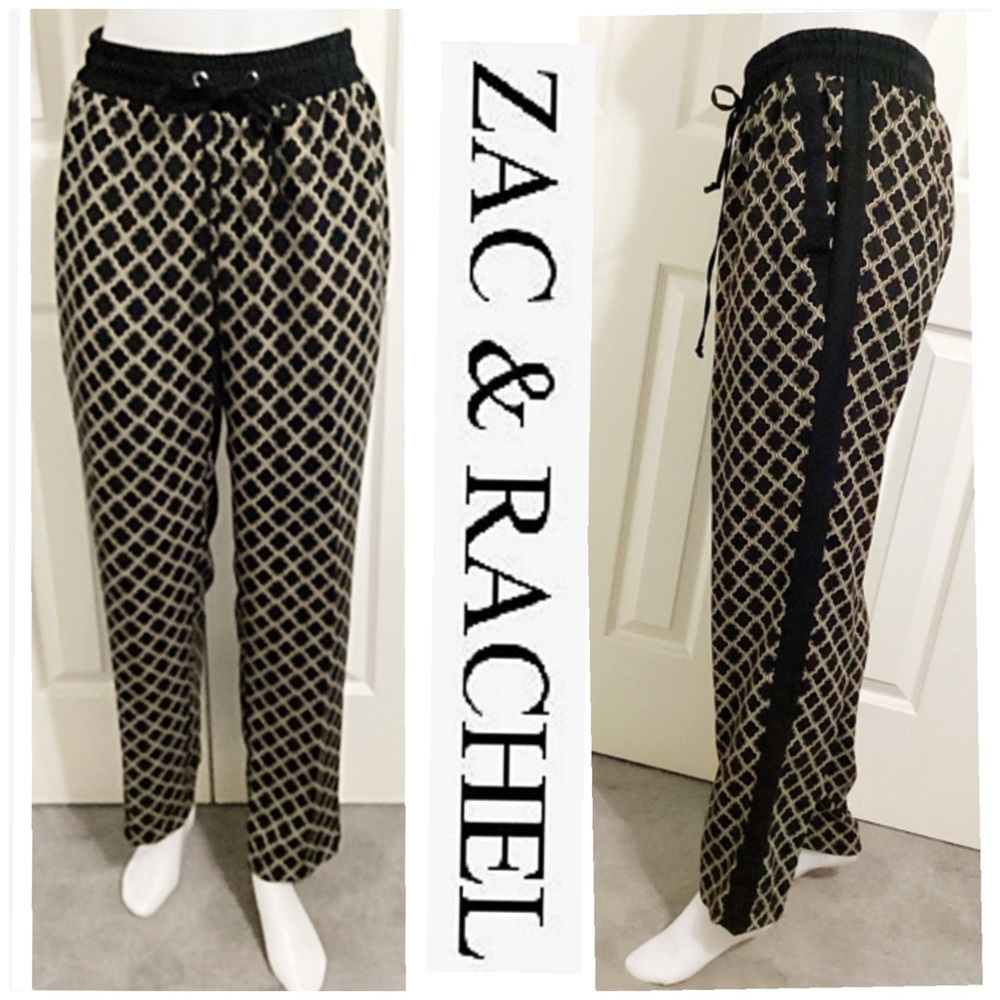 Zac & Rachel, Gold Pattern On Black, Pull On With Elastic Waistband, Pants